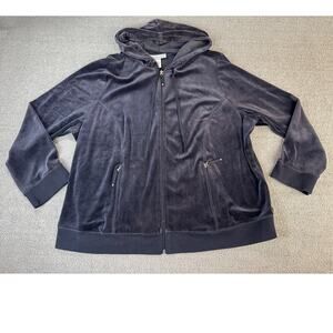 Venezia Sport Sweatshirt Full Zip Hooded Velour Black Plus Size 22 / 24